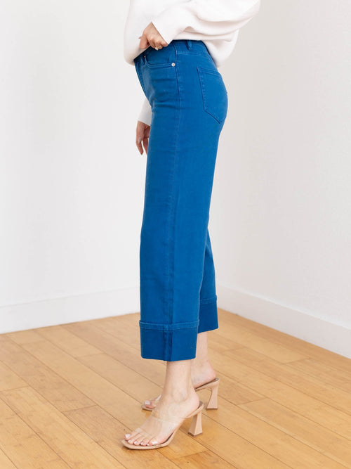 cuffed bright blue ankle denim