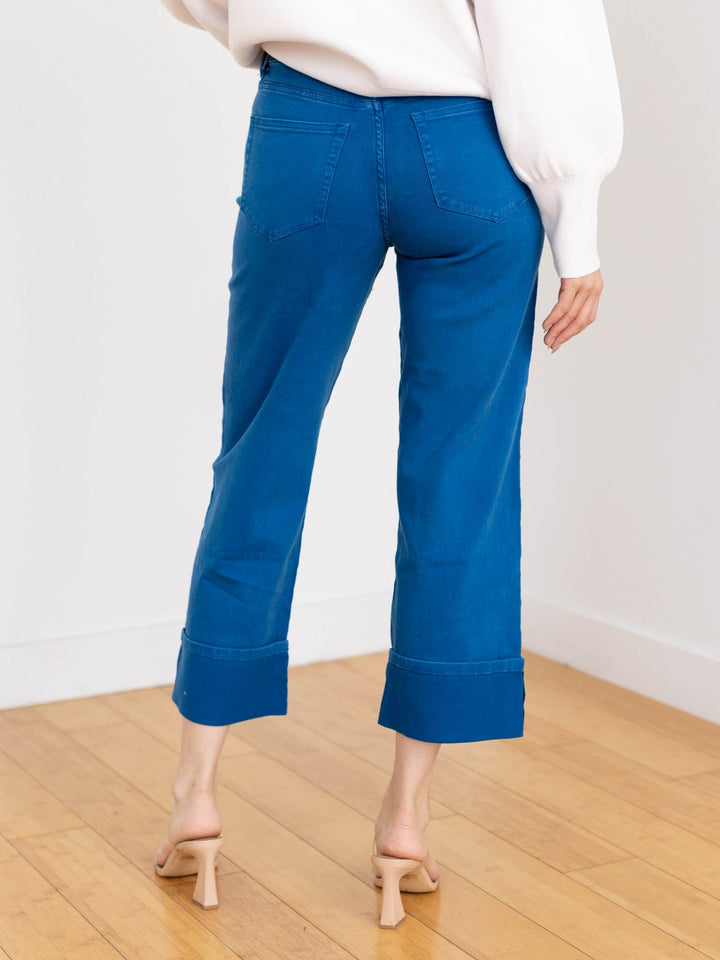 cuffed bright blue ankle denim