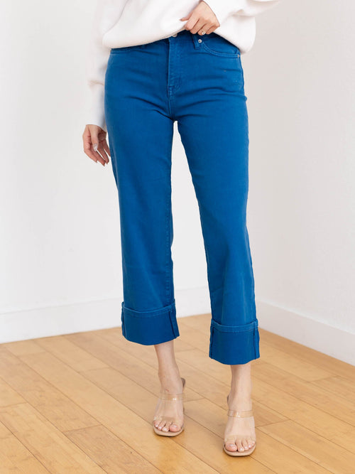 cuffed bright blue ankle denim