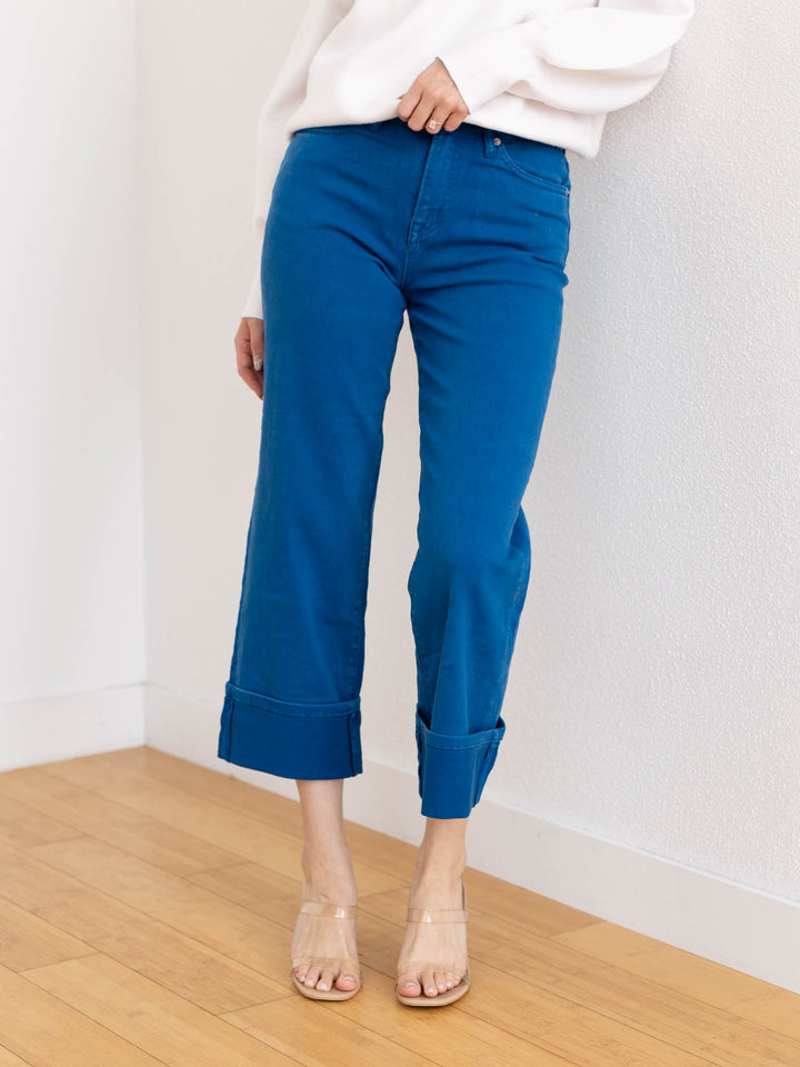 cuffed bright blue ankle denim