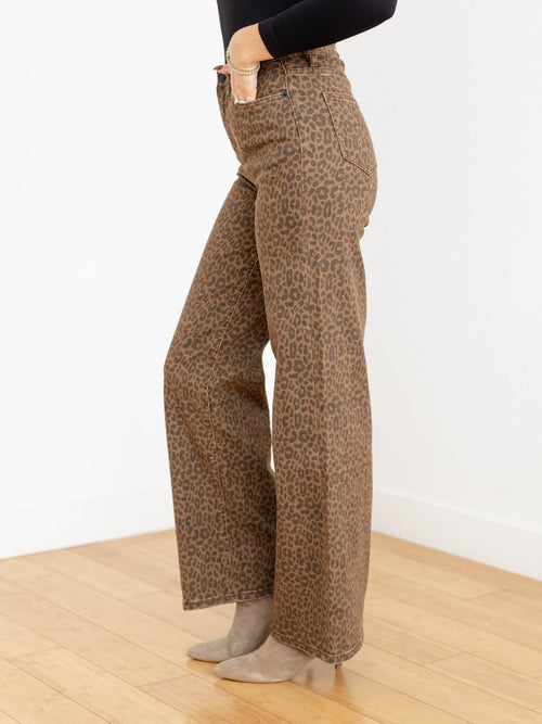 leopard print washed wide leg pant