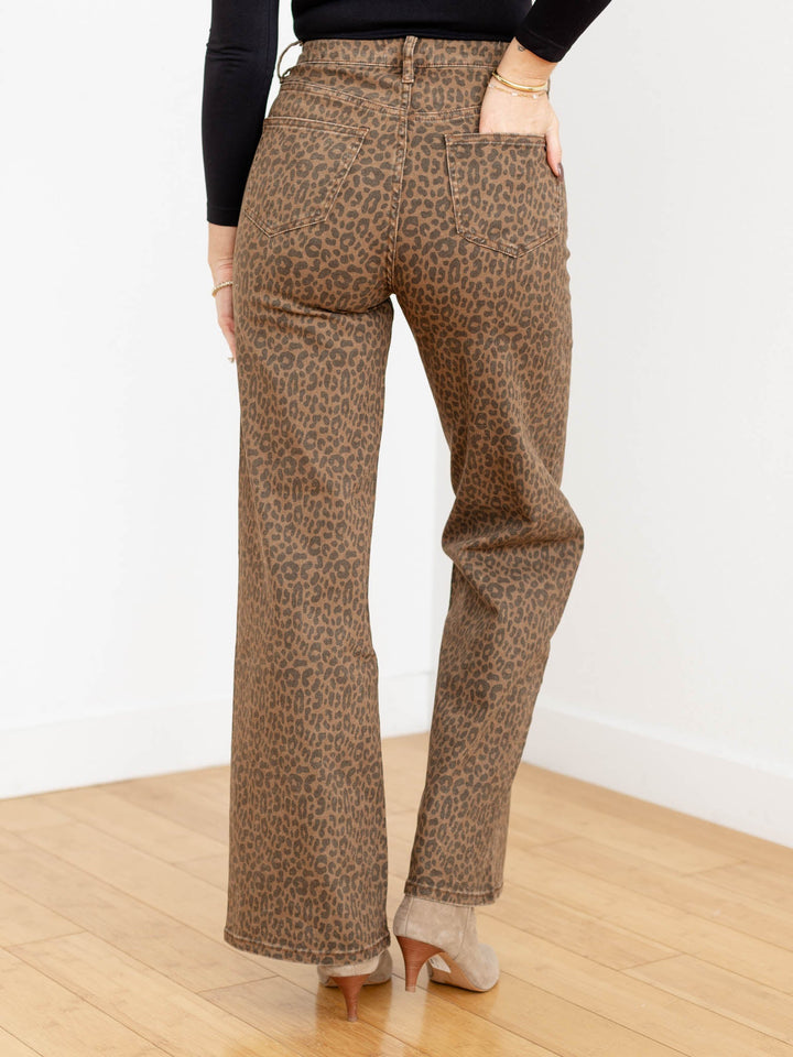 leopard print washed wide leg pant