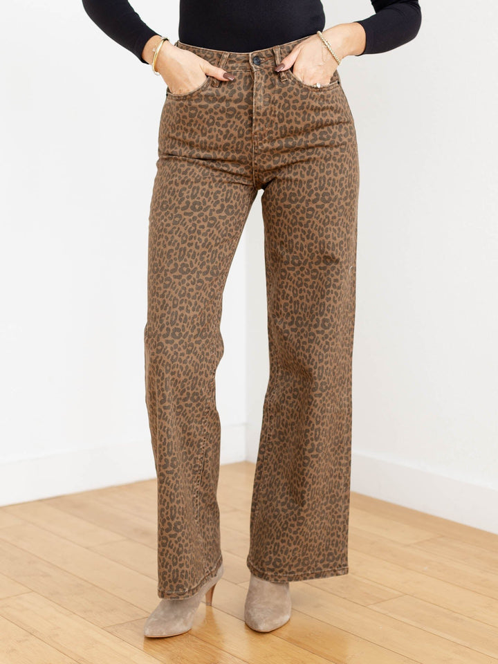 leopard print washed wide leg pant