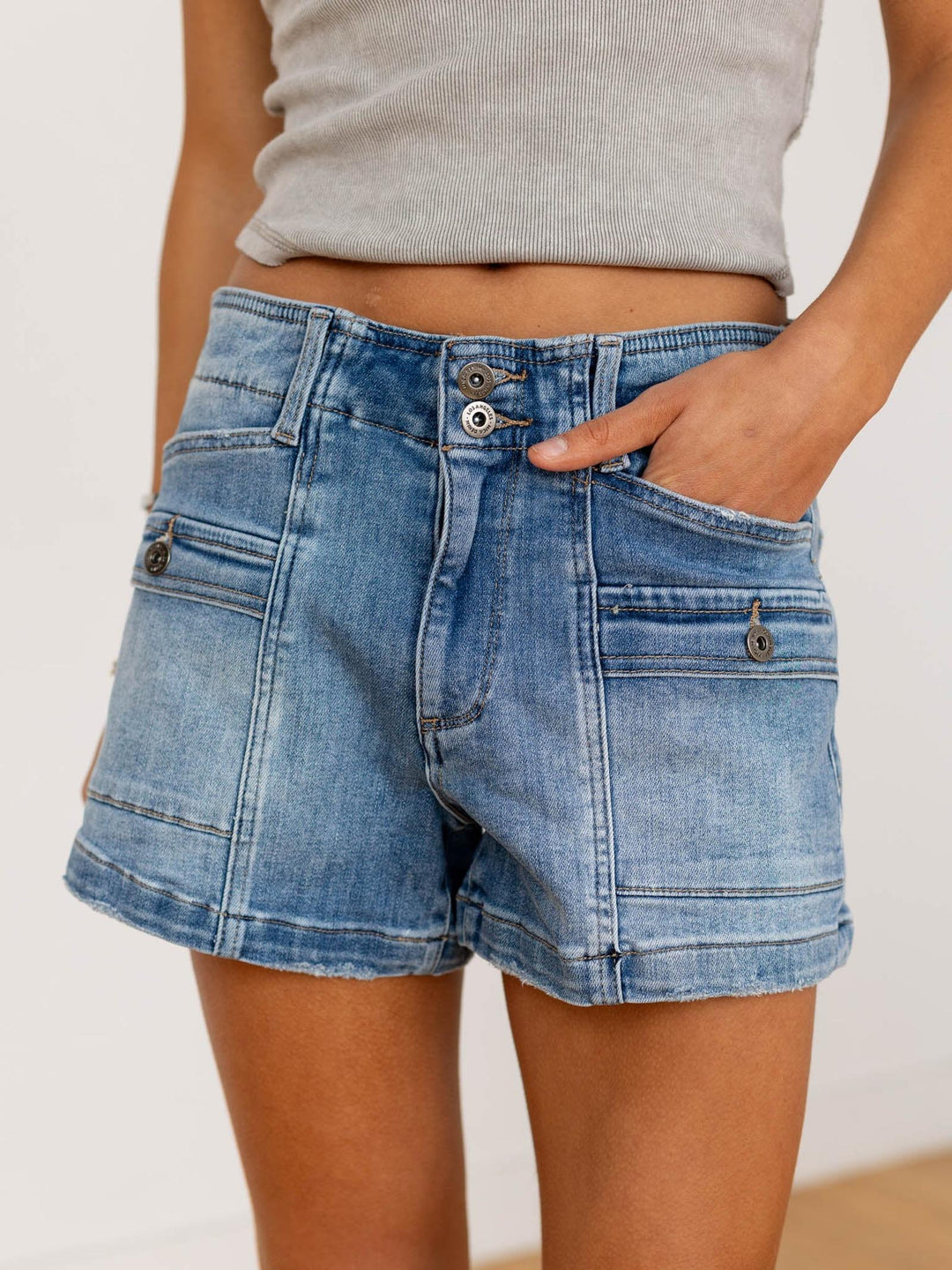 patch pocket denim shorts