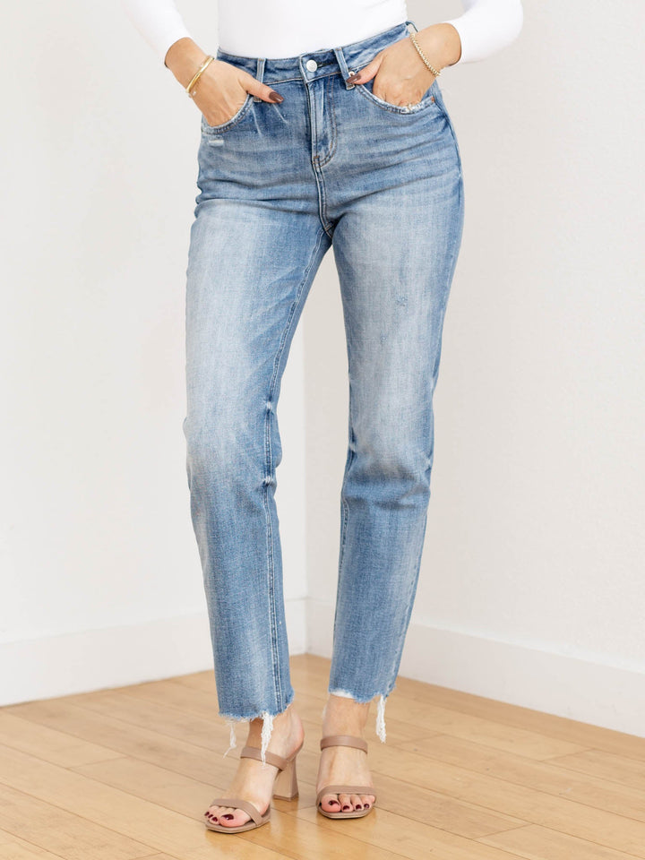 washed distressed straight denim