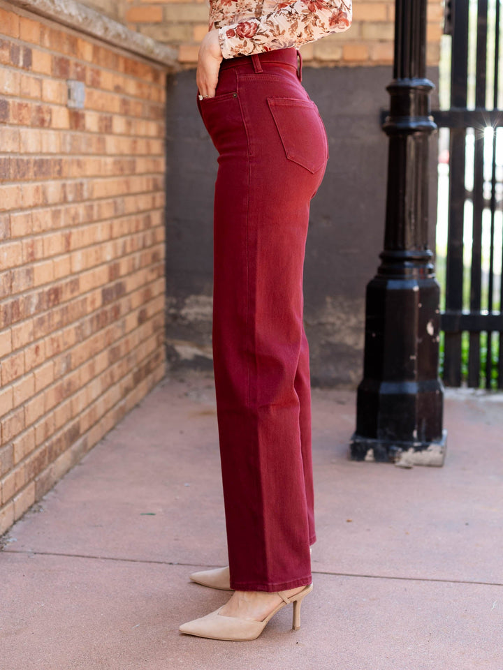 burgundy wide leg denim pants