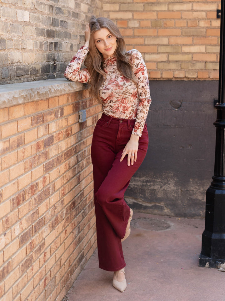 burgundy wide leg denim pants