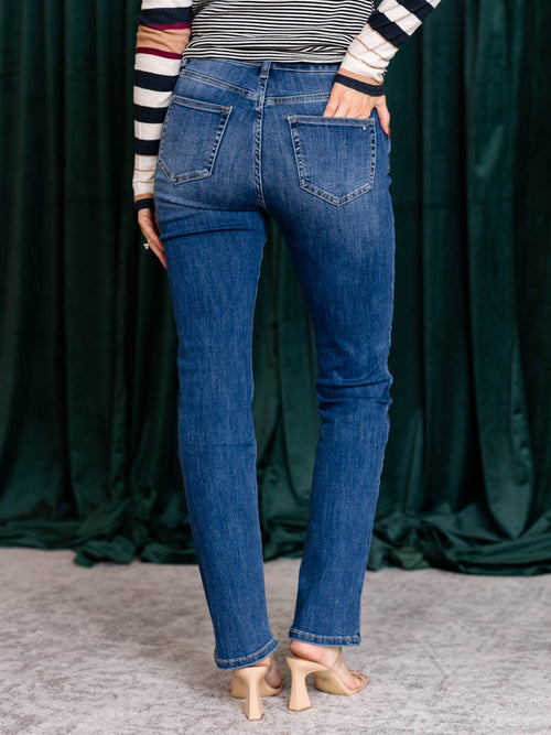 slim straight darker wash denim