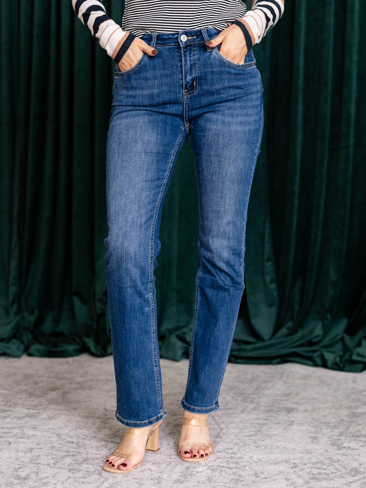 slim straight darker wash denim