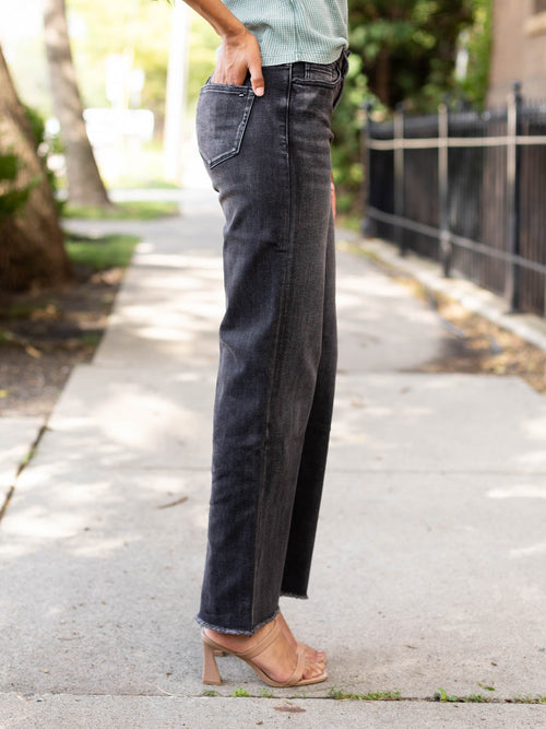 washed black raw hem wide denim
