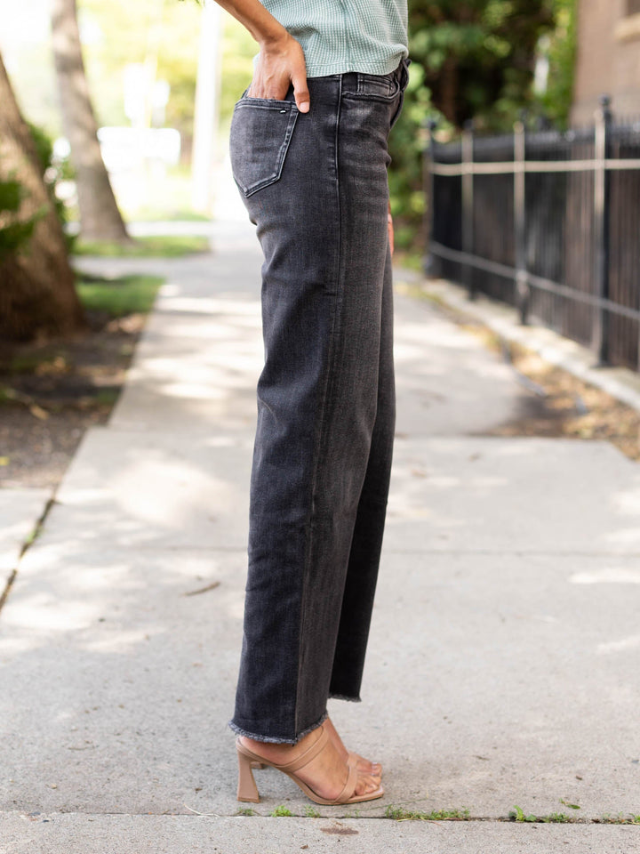 washed black raw hem wide denim