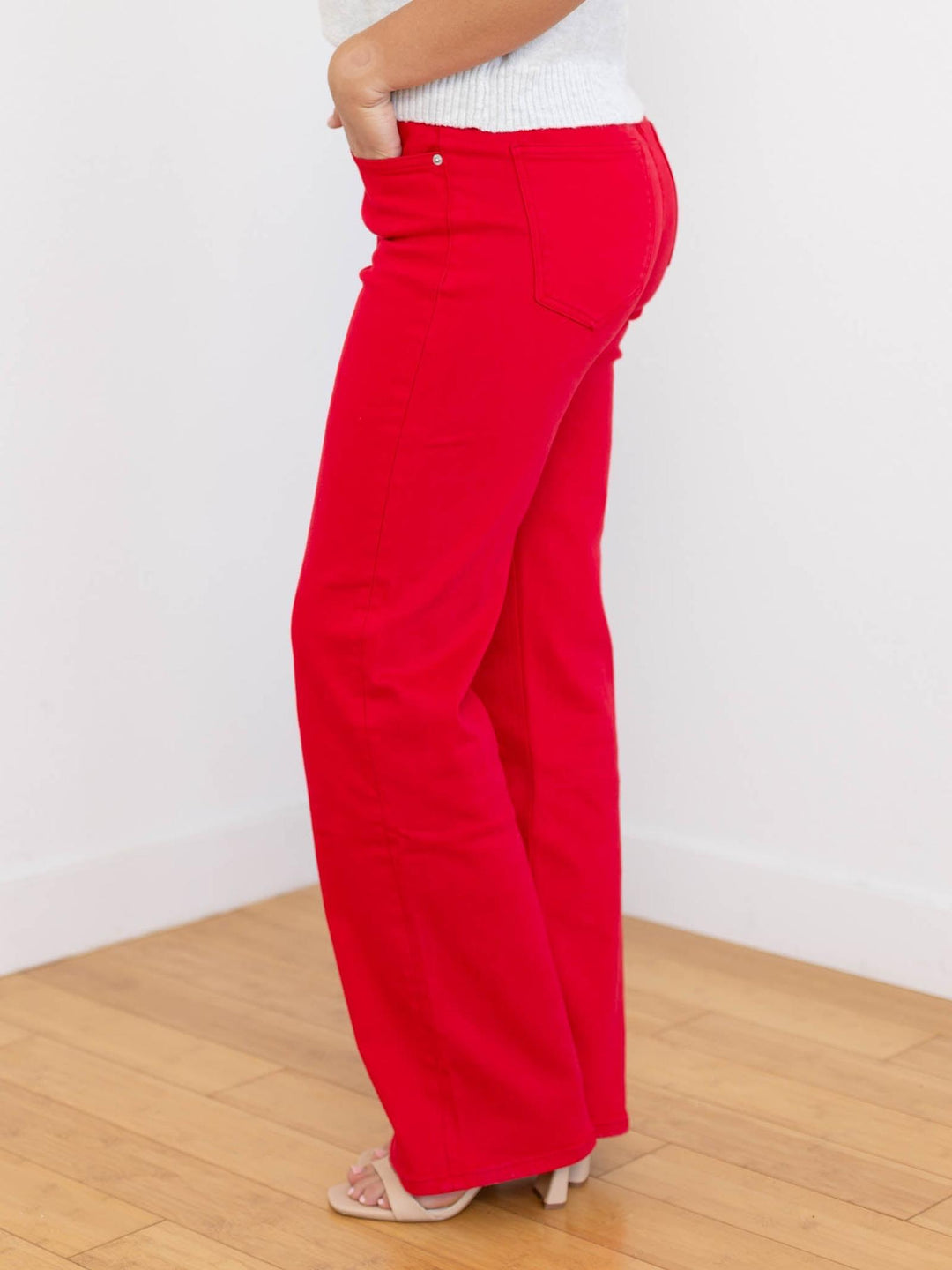 bright red straight leg denim
