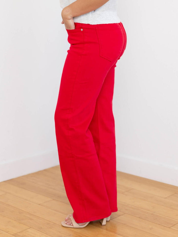 bright red straight leg denim