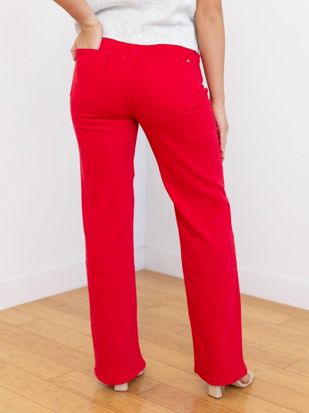 bright red straight leg denim