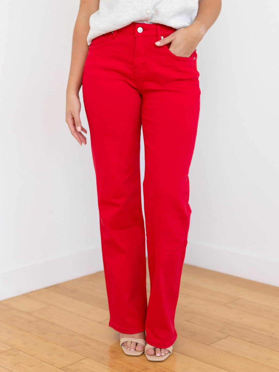 bright red straight leg denim