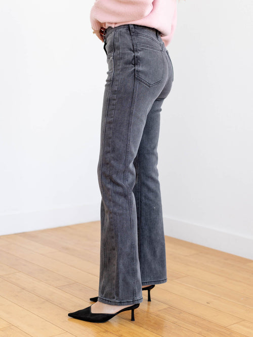 washed black flared denim