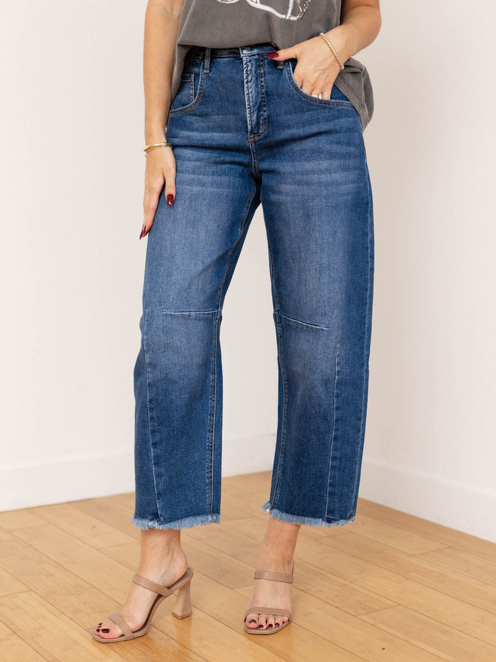 washed frayed cropped barrel denim