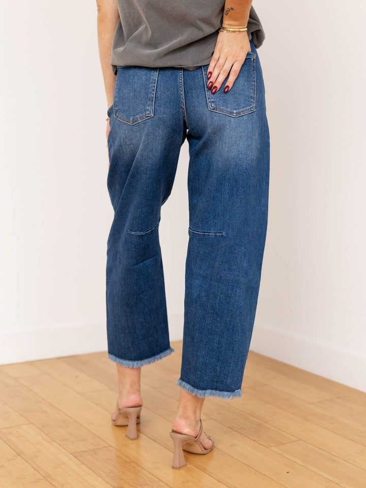 washed frayed cropped barrel denim