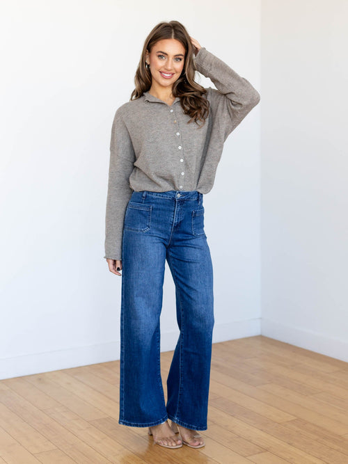 dark high rise patch pocket denim