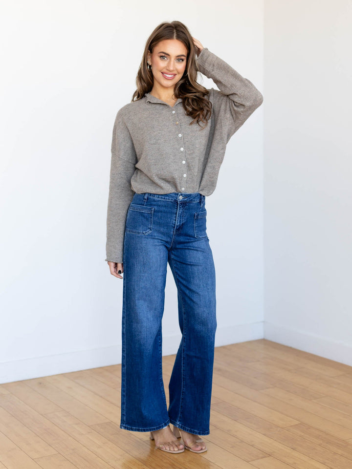 dark high rise patch pocket denim