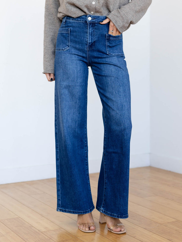 dark high rise patch pocket denim