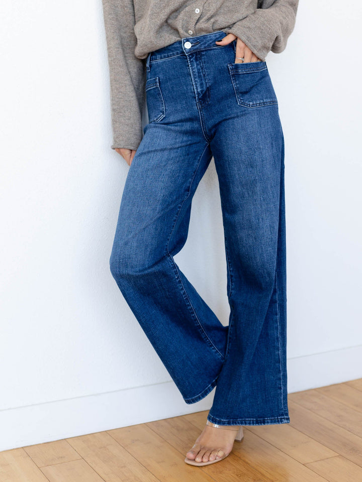 dark high rise patch pocket denim