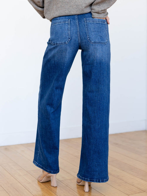 dark high rise patch pocket denim