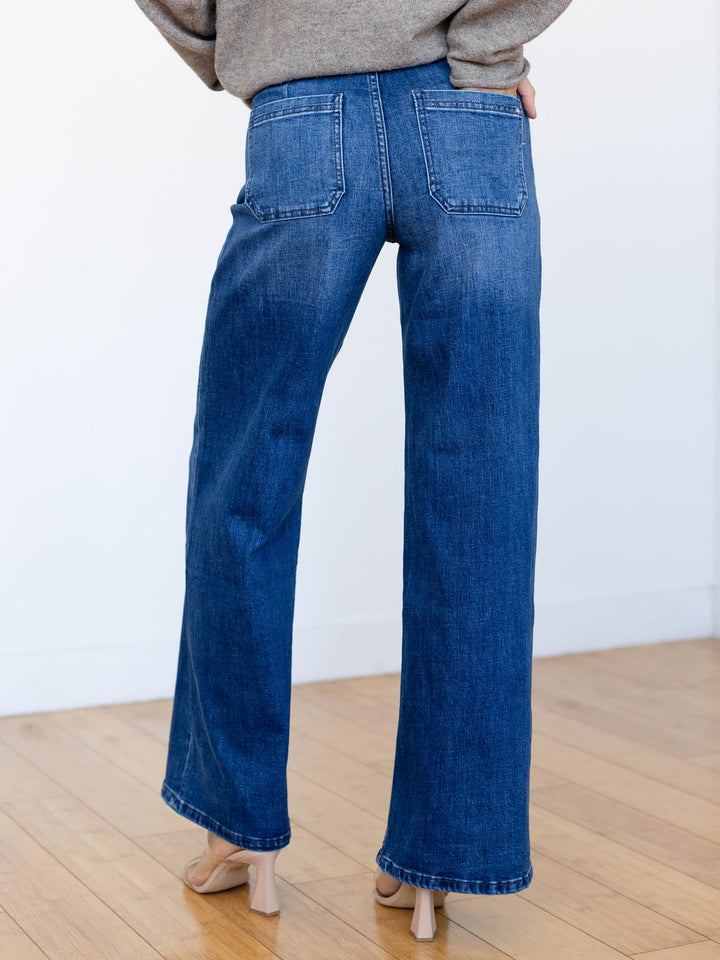 dark high rise patch pocket denim