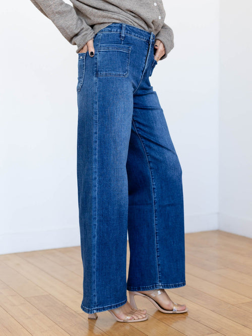 dark high rise patch pocket denim