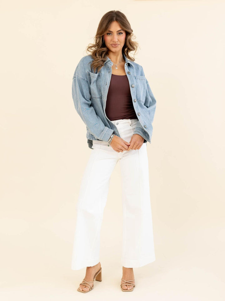 denim jacket with white jeans