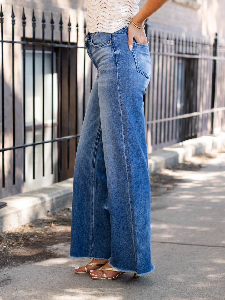 frayed wide hem washed denim