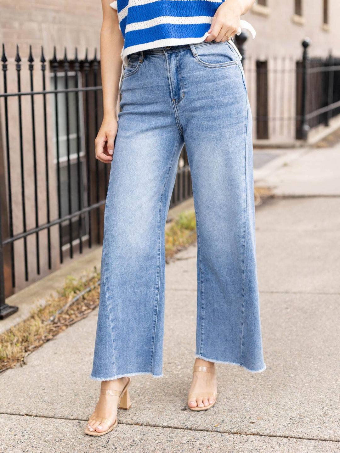 MICA Muted Navy High Rise Wide Leg Ankle Raw Hem