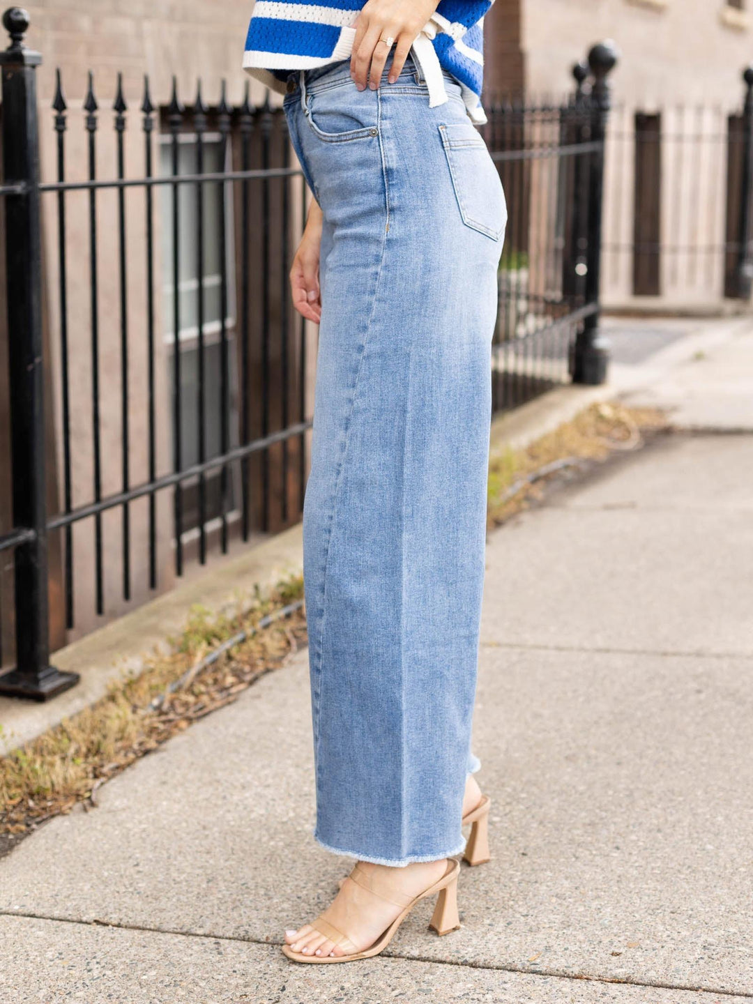MICA Muted Navy High Rise Wide Leg Ankle Raw Hem