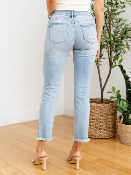 frayed light wash distressed slim denim