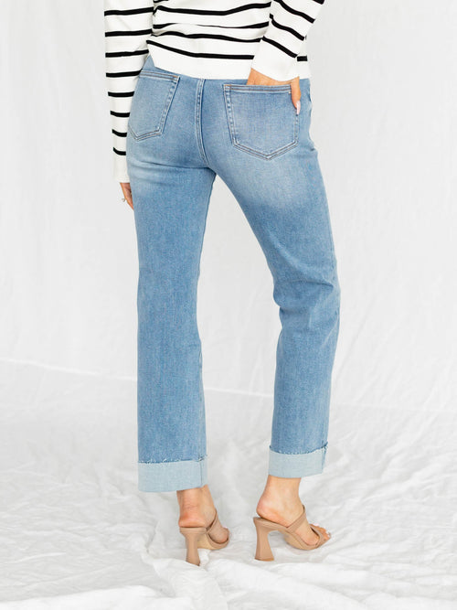 cuffed lighter medium wash straight denim