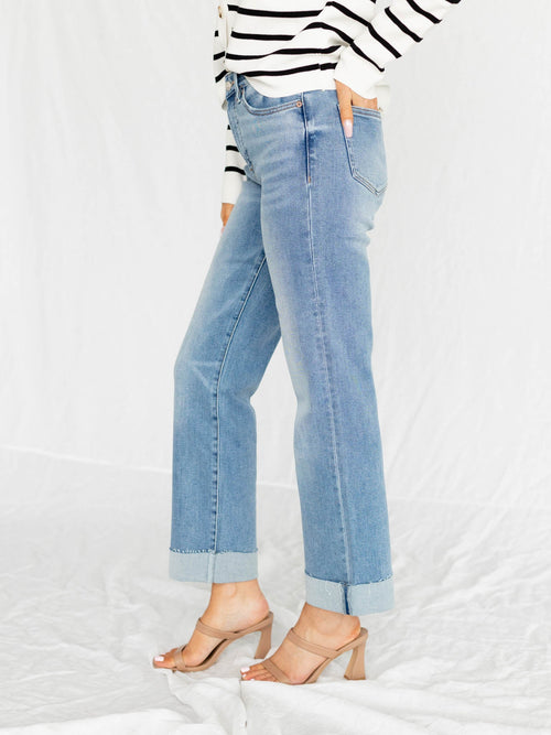 cuffed lighter medium wash straight denim