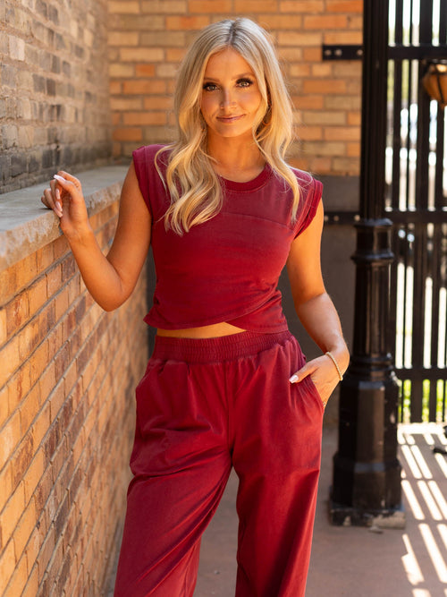 burgundy two piece criss cross set