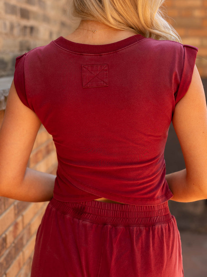 burgundy two piece criss cross set