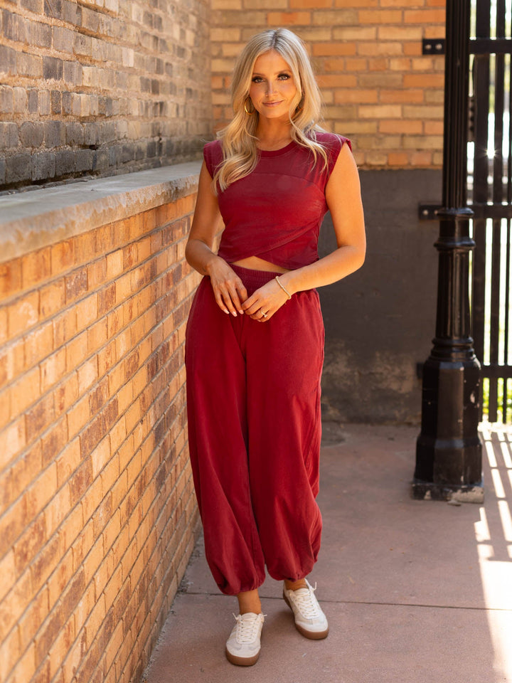 burgundy two piece criss cross set