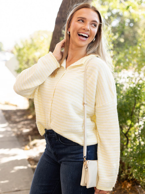 light yellow striped button cardigan