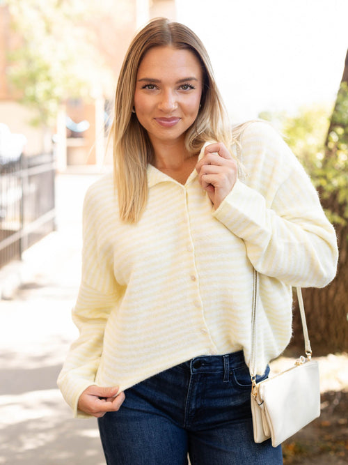 light yellow striped button cardigan