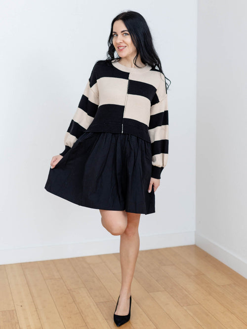black and tan contrast sweater mini dress
