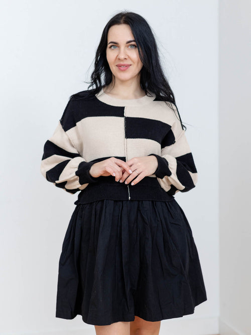 black and tan contrast sweater mini dress