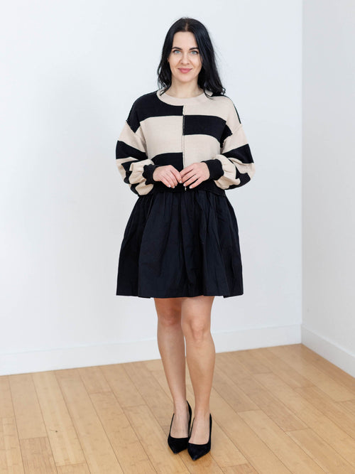 black and tan contrast sweater mini dress