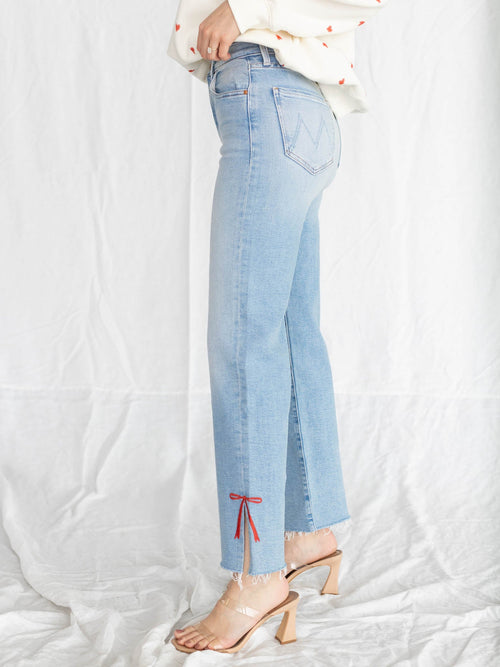 lightwash ankle denim with embroidered red bow