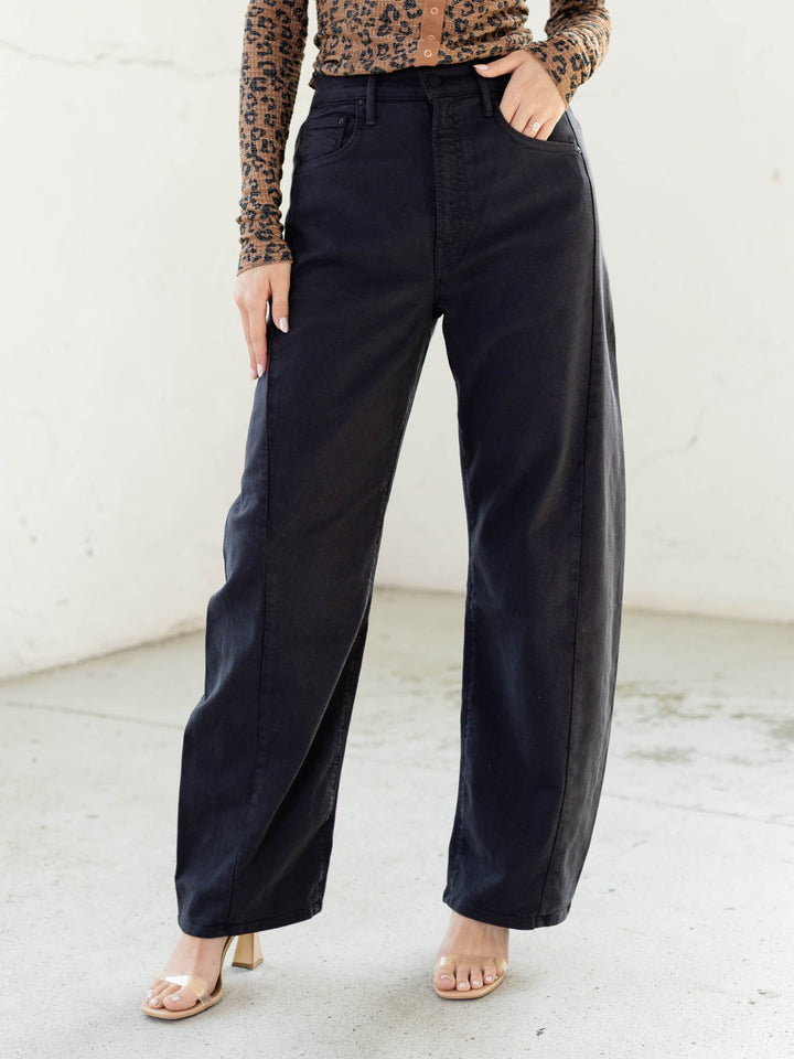 washed black barrel style denim