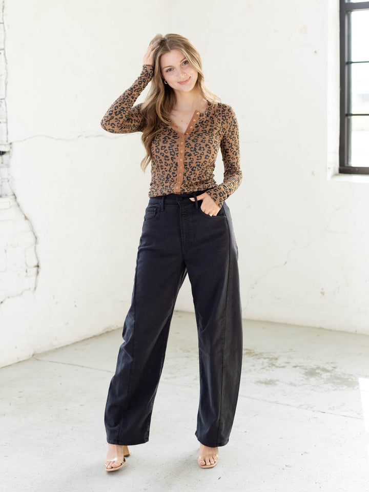 washed black barrel style denim