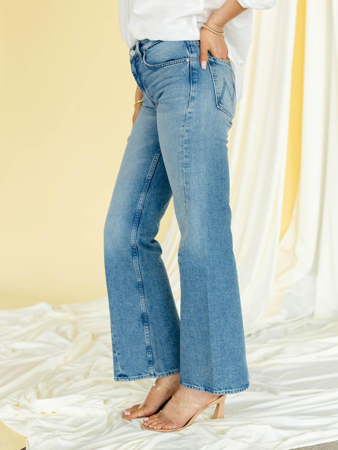 curved seam bootcut medium wash denim