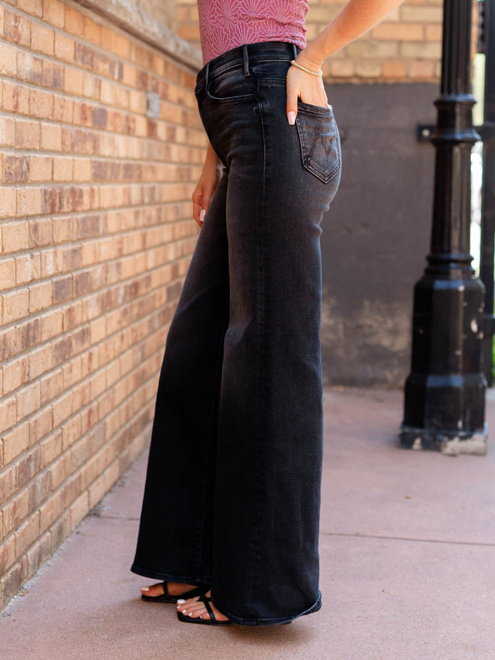 washed black flared denim