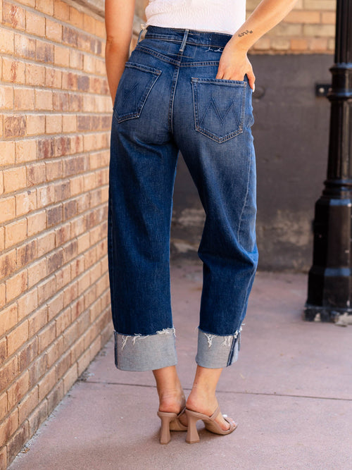 cuffed dark barrel denim